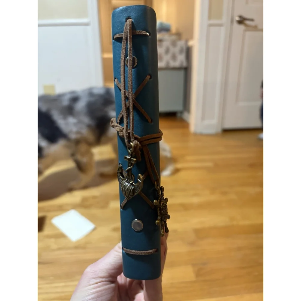 Trifold Teal Leather Journal Cover Refillable Binder Compass With Cord Charms